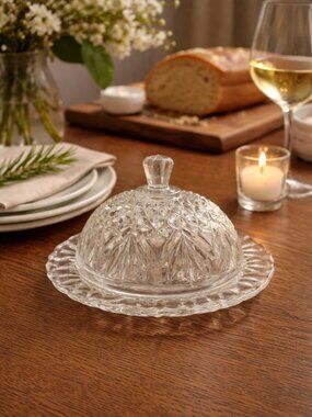 Vintage Anchor Hocking Early American Prescut Pattern 2-Piece Glass Butter Dish